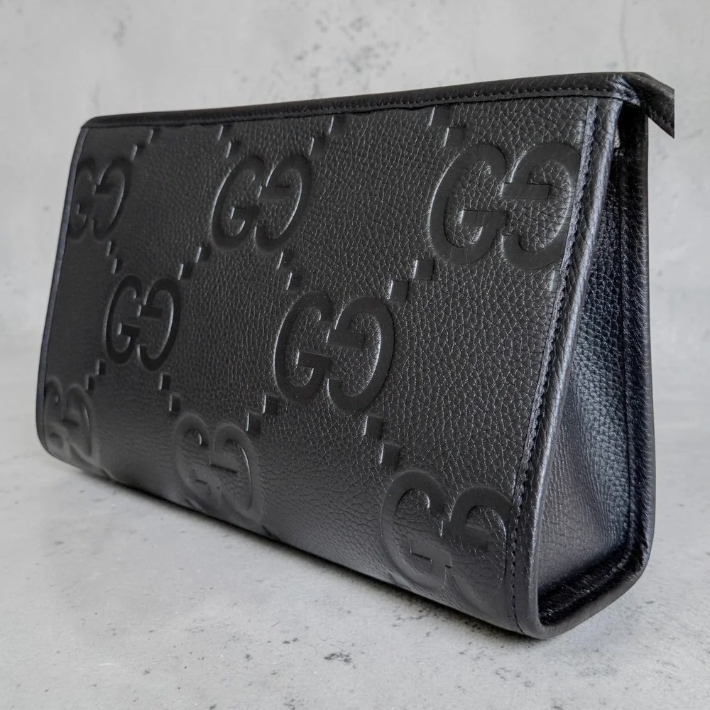 Gucci Jumbo GG‎ Black Grained Leather Pouch Men's 739490